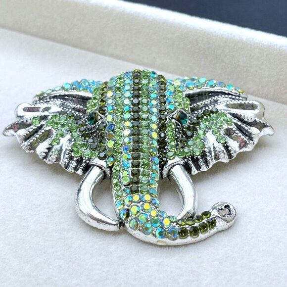 Silver with Emerald Peridot Green and AB Crystal Tusked Elephant Pin Back Brooch - Picture 4 of 10